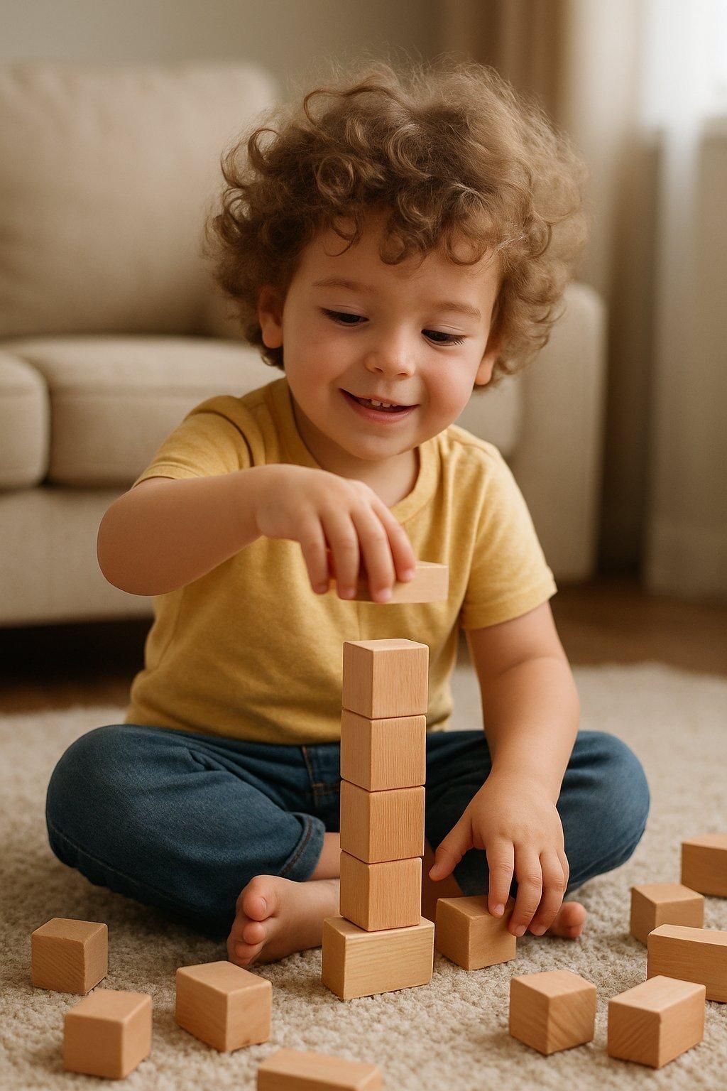 Enfant jouant avec des blocs en bois dans un espace sécurisé dédié aux jeux de construction.