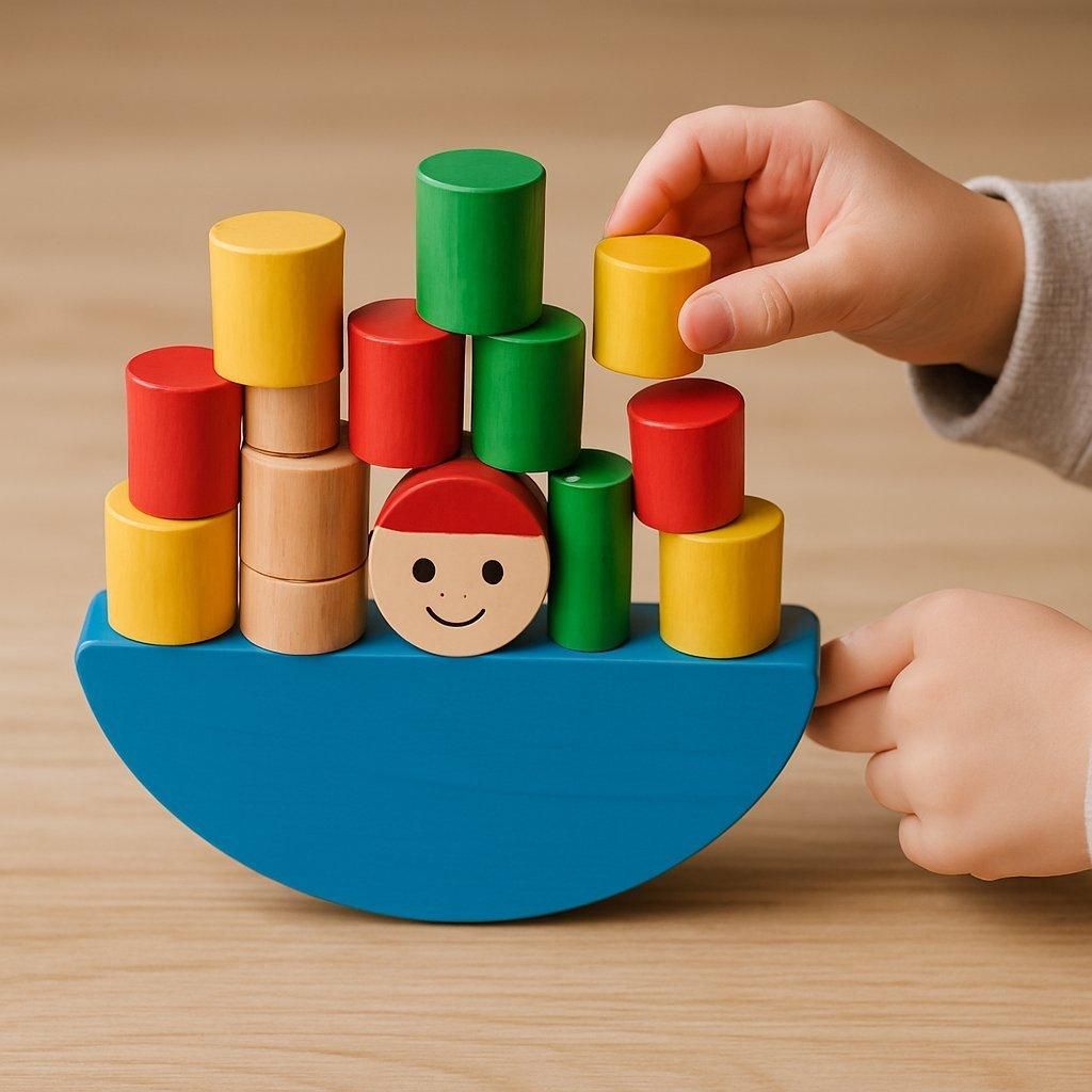 Enfant jouant avec un child balancing toy en bois coloré, développant sa dextérité et son agilité.