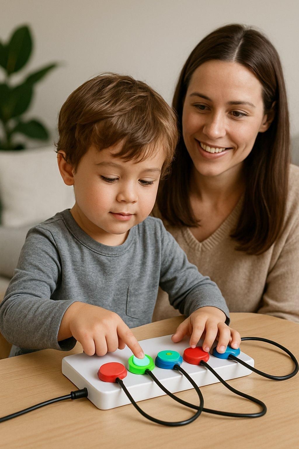 Enfant jouant avec un jouet connecté, indicateur lumineux de fonctionnement, sous la surveillance d’un adulte.