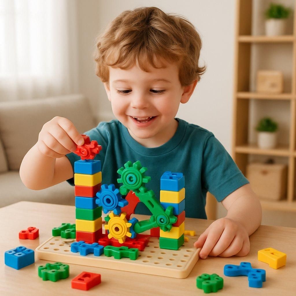 Enfant jouant avec un set de construction interactif, parfait pour stimuler créativité et imagination.