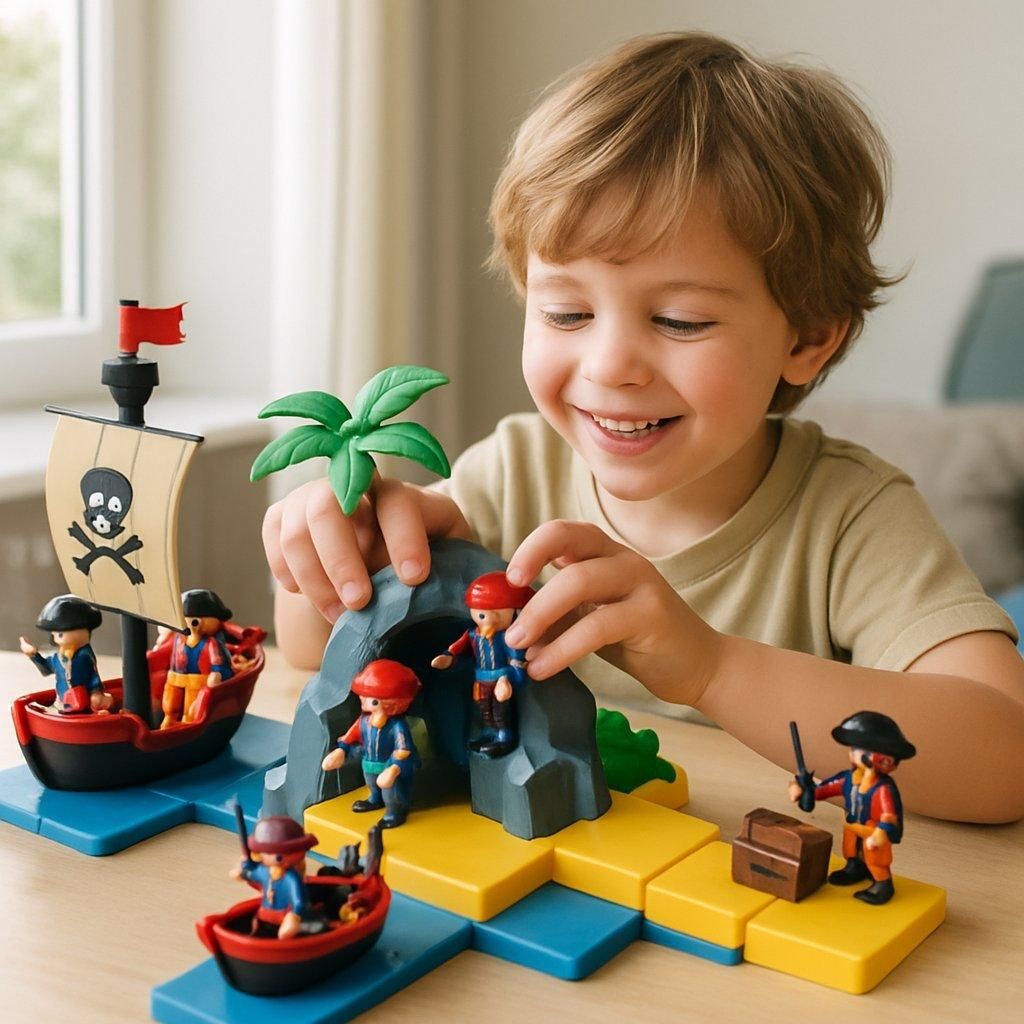 Enfant souriant construisant et jouant avec un ensemble Playmobil pirate modulable, bateaux et îles colorés.