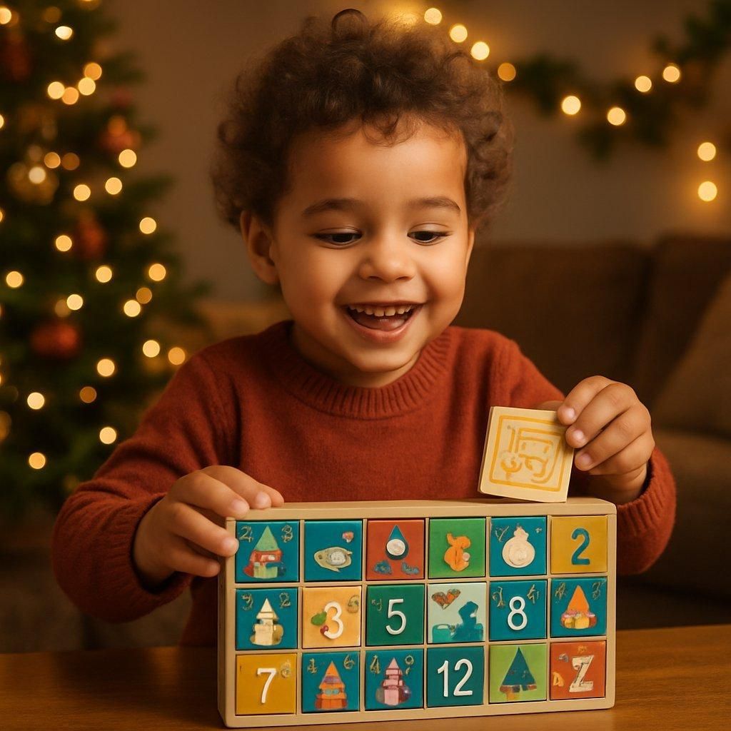 Enfant souriant dans une pièce chaleureuse résolvant une énigme du calendrier de l’Avent éducatif en bois.