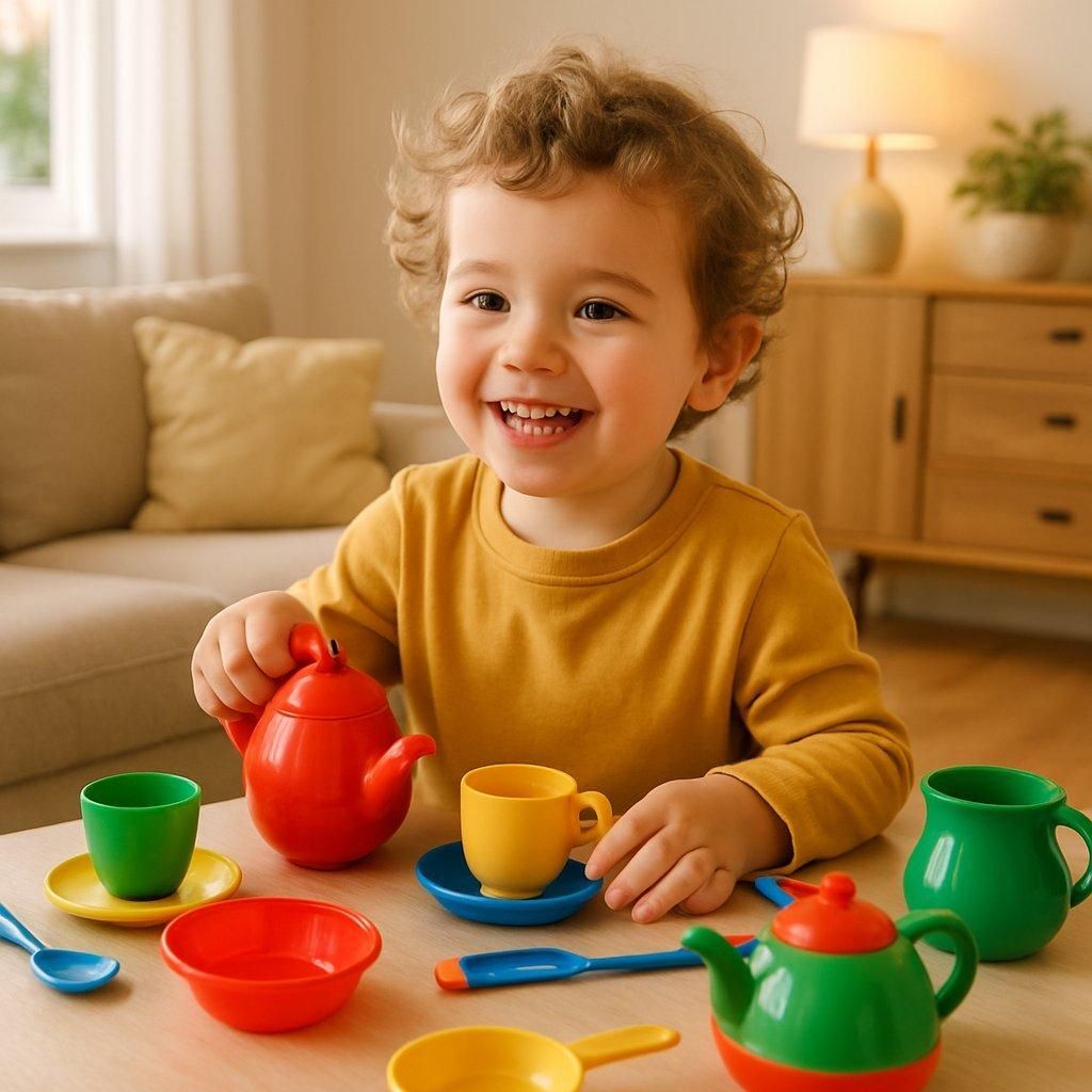Enfant souriant jouant à la dînette colorée dans un salon lumineux et chaleureux, favorisant le développement social.