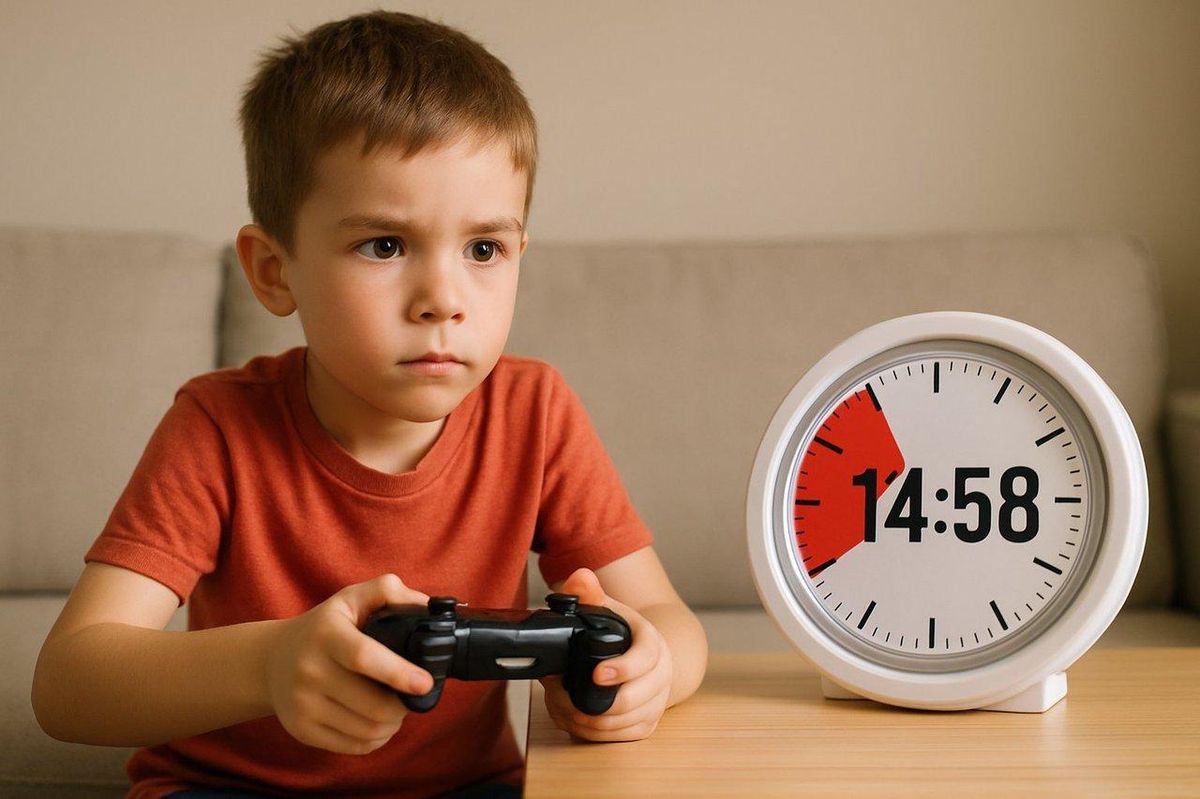 Enfant souriant jouant à un jeu vidéo avec un child playing video game timer pour gérer le temps d’écran.