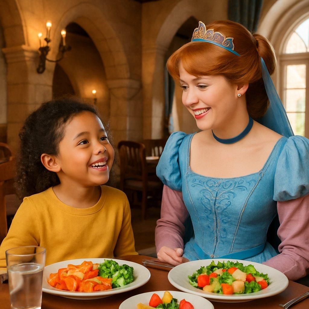 Enfant souriant partageant un repas coloré avec une princesse Disney en costume médiéval à L’Auberge de Cendrillon dans une ambiance chaleureuse.