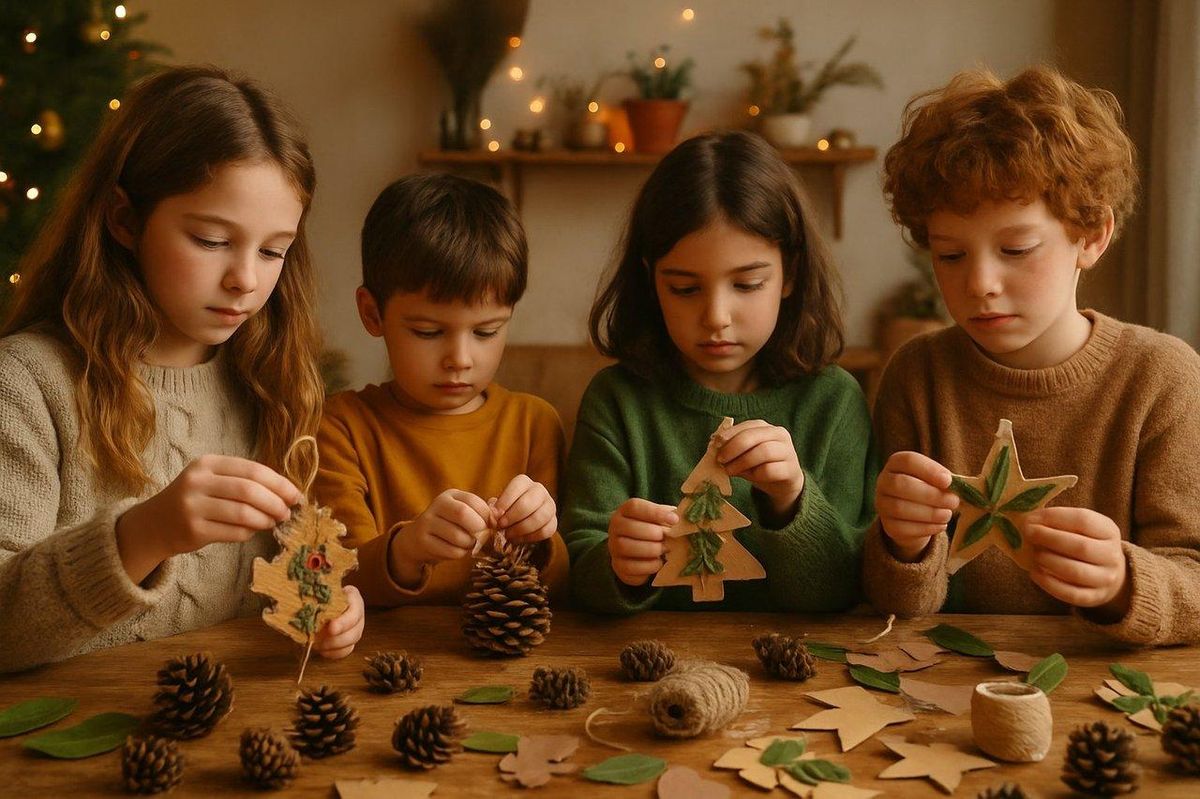 Enfants concentrés réalisant des décorations de Noël écologiques avec feuilles, pommes de pin et matériaux recyclés dans une ambiance chaleureuse et créative.