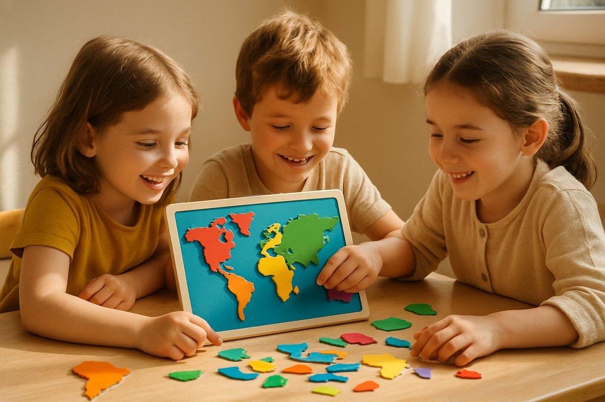 Enfants concentrés souriants assemblant un puzzle magnétique coloré des continents dans une ambiance éducative chaleureuse.