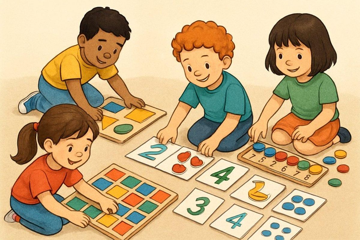 Enfants de divers âges jouant ensemble à des jeux éducatifs, favorisant l'apprentissage et la coopération.