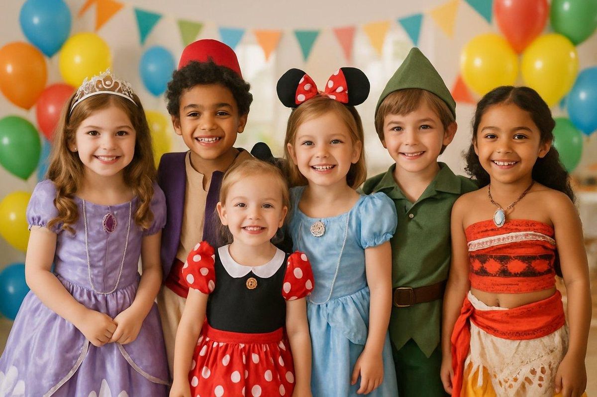 Enfants déguisés en personnages Disney lors d'une fête colorée et festive pour un anniversaire inoubliable.