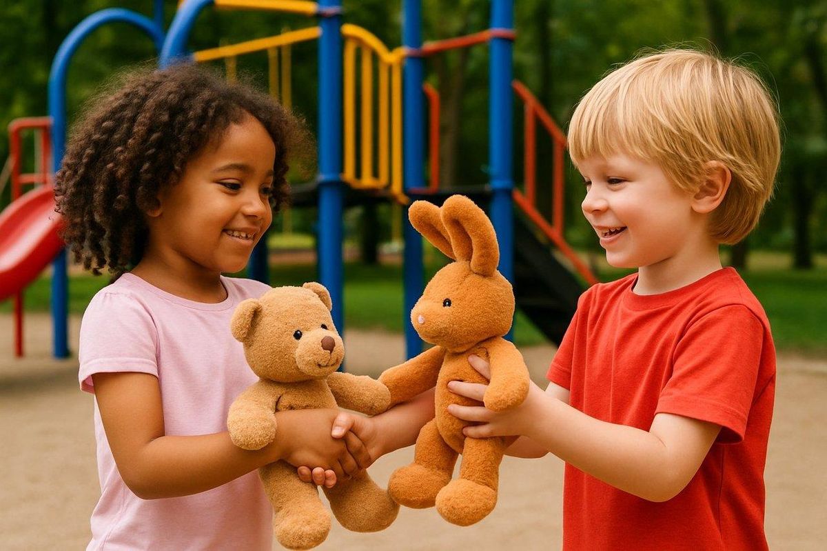 Enfants échangeant des peluches Labubu porte-clés dans une cour d’école animée, une nouvelle tendance ludique.