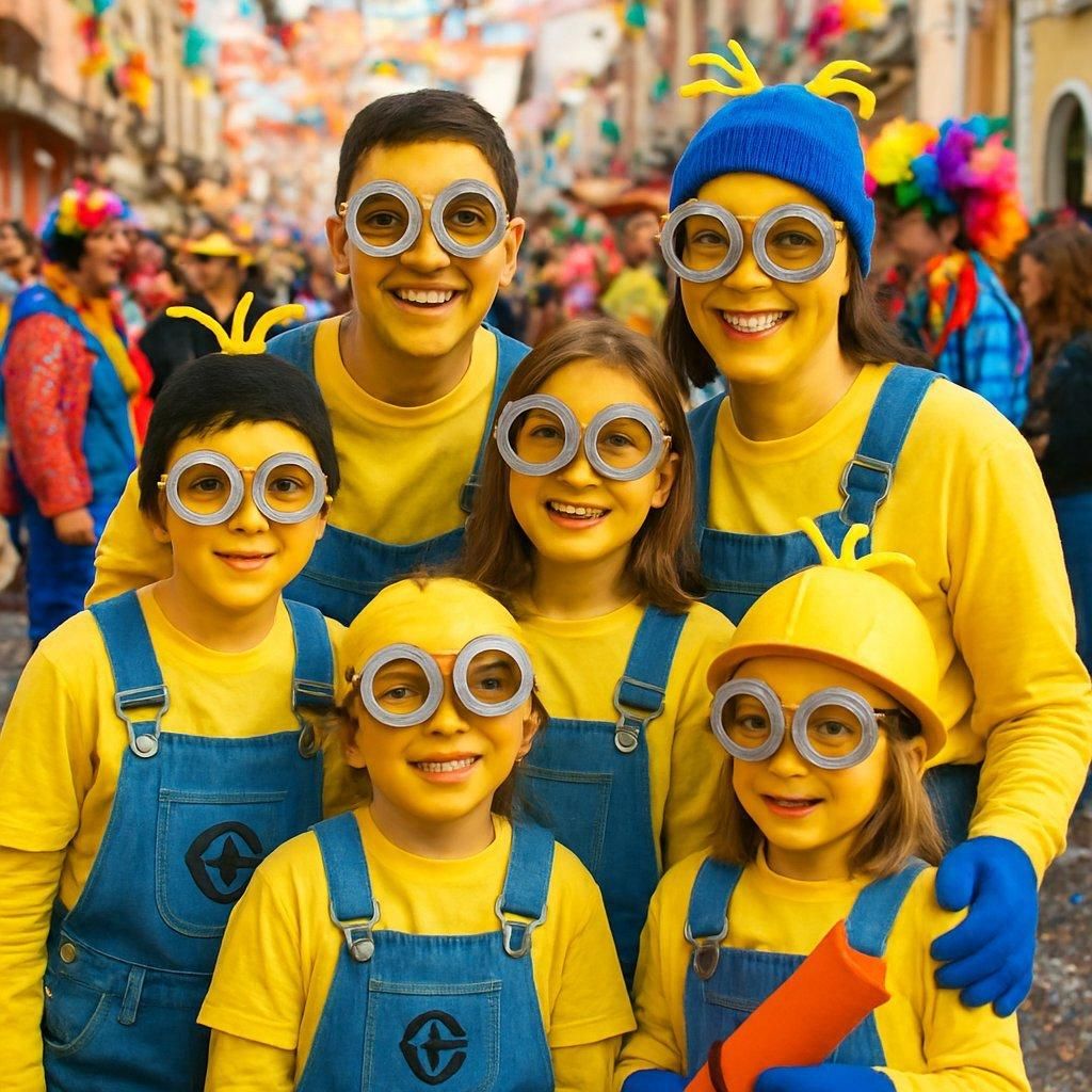 Enfants et adultes déguisés en Minions colorés avec salopettes, lunettes DIY et maquillage jaune.