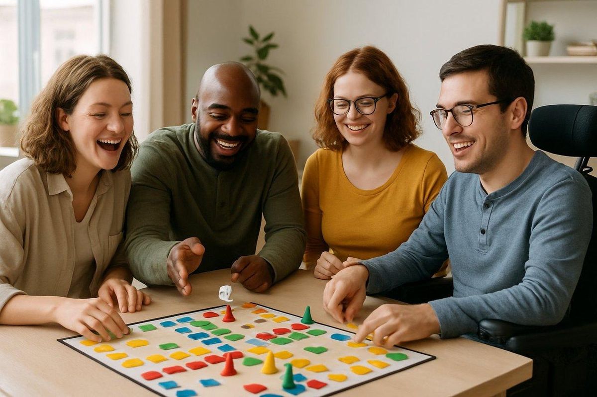 Enfants et adultes jouent ensemble à un inclusive board game playing dans une ambiance conviviale.