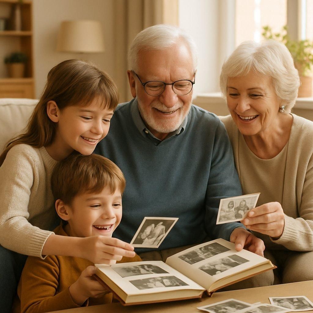 Enfants et grands-parents souriants assemblant un album photo familial dans un salon lumineux et chaleureux.