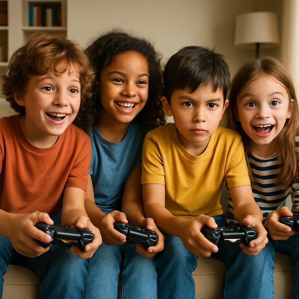 Enfants jouant à Mario Kart 8 Deluxe en multijoueur familial sur Nintendo Switch, favorisant le jeu sans violence.