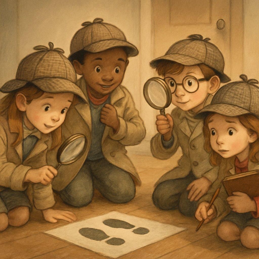 Enfants jouant à un jeu de détective avec cartes et indices pour stimuler leur logique.