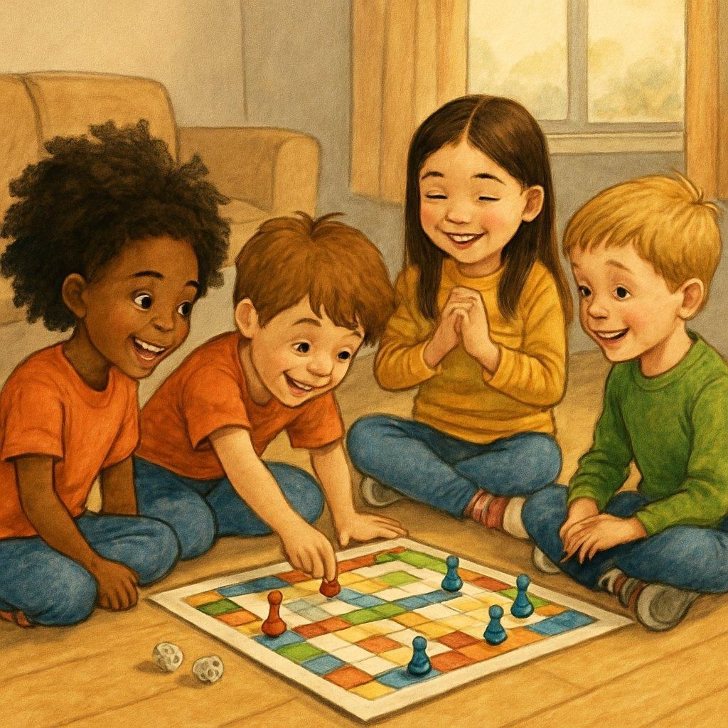 Enfants jouant à un jeu de société La Reine des Neiges, moments familiaux de coopération et d'apprentissage.
