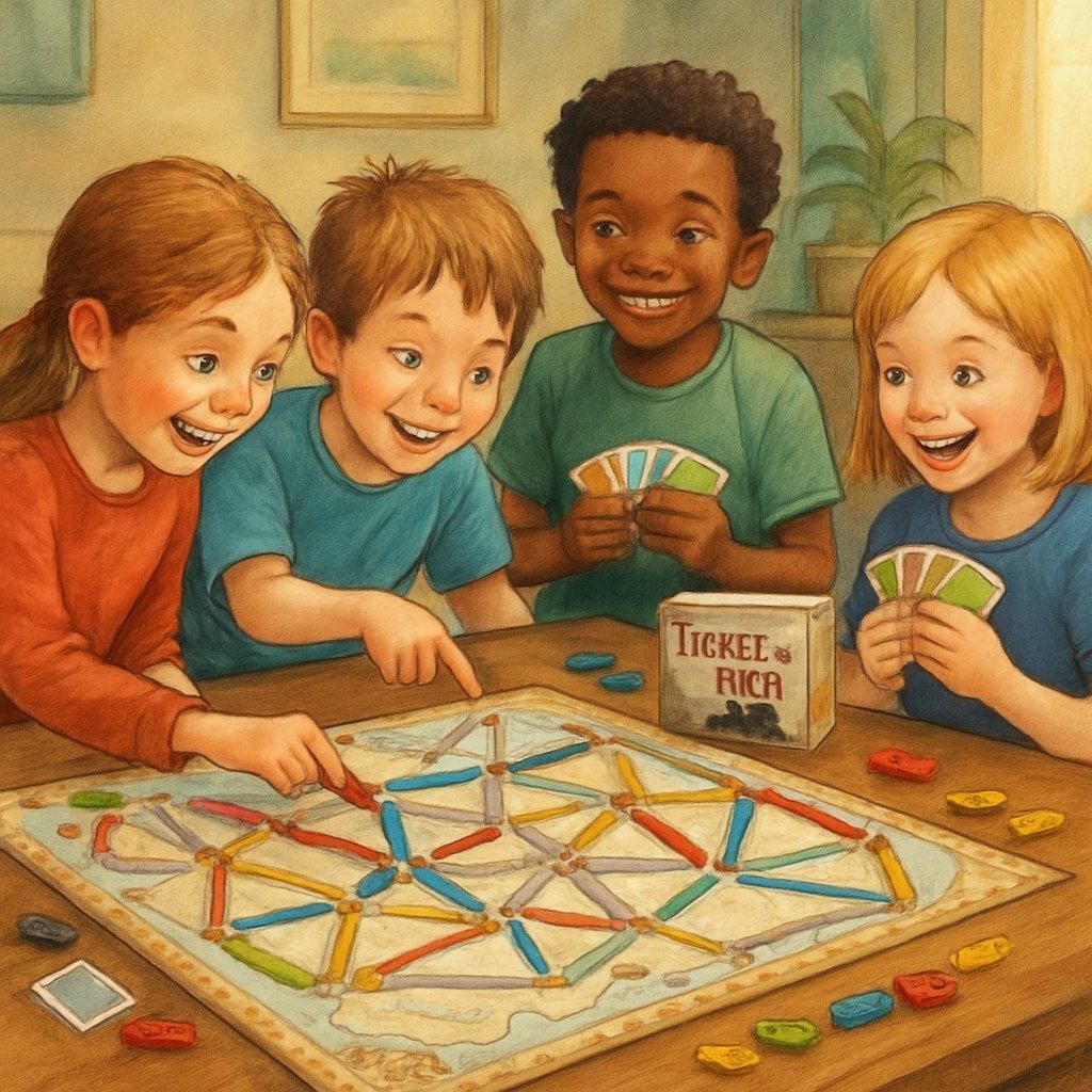 Enfants jouant à un jeu de société portable dans un train, une activité idéale pour voyager.