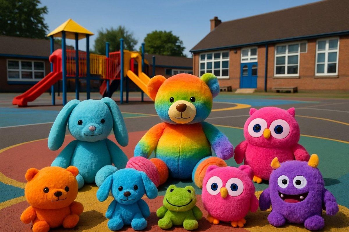 Enfants jouant avec des colorful plush toys dans une school playground, favorisant l’échange et la créativité.