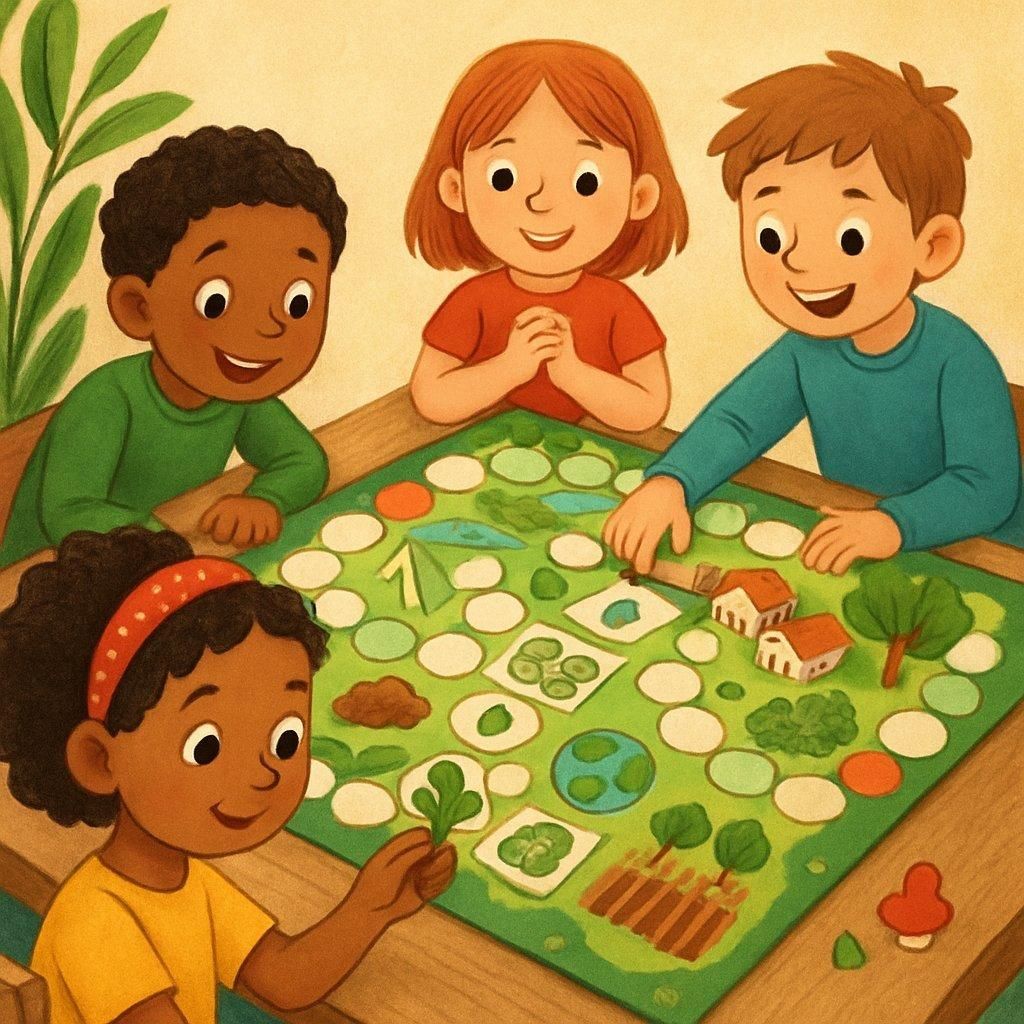 Enfants jouant en coopération à un jeu de plateau écologique coloré, favorisant l'apprentissage responsable.