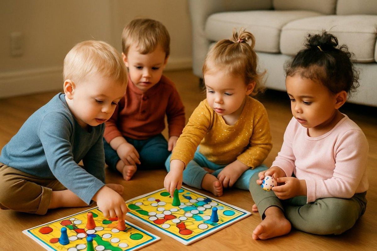 Enfants jouant ensemble à des jeux de société pour tout-petits dans un salon coloré, avec des pièces solides et colorées.