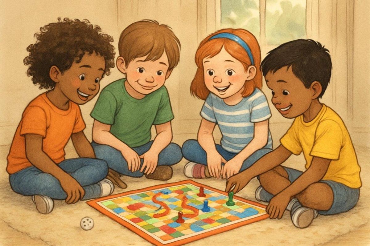 Enfants jouant ensemble à un jeu éducatif de société dans un cadre familial convivial, stimulant leur esprit critique.