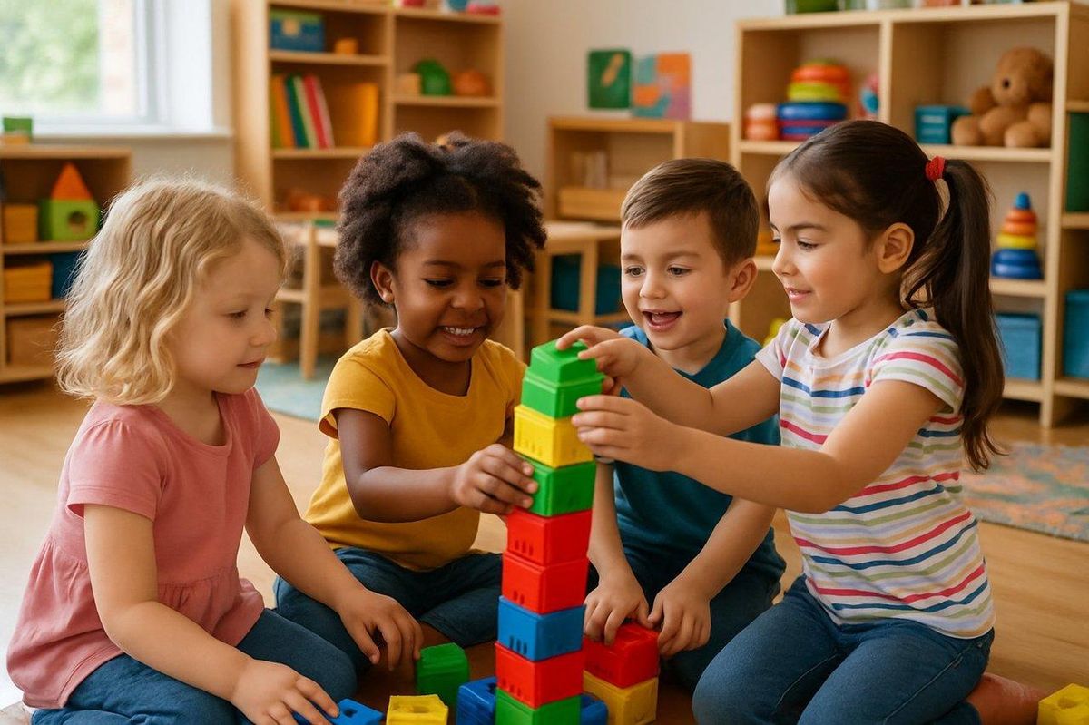 Enfants jouant ensemble dans un espace de crèche dédié au jeu coopératif et aux ateliers sensoriels.