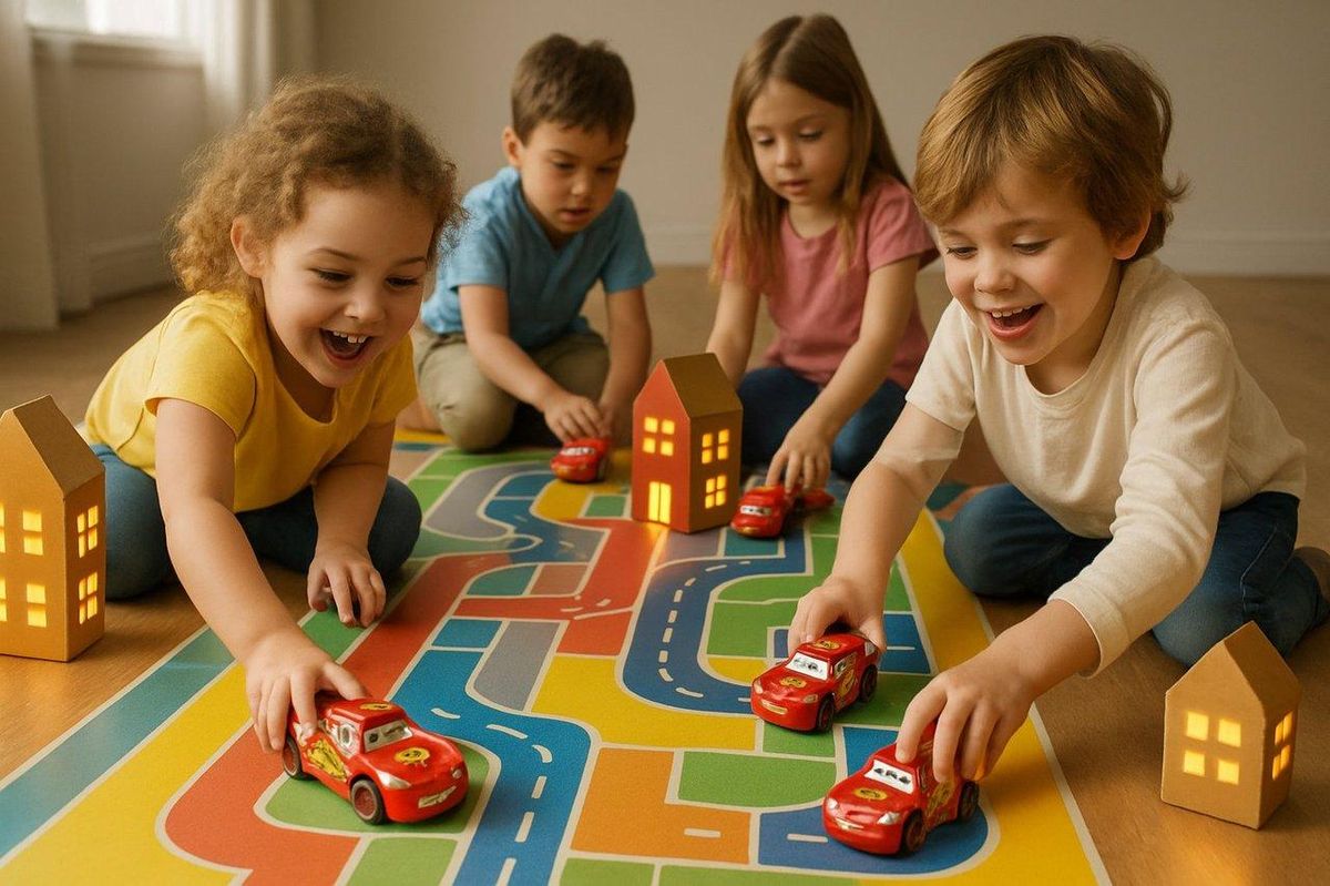 Enfants jouant joyeusement sur parcours coloré adhésif au sol avec voitures Cars et maisonnettes en carton lumineux, ambiance ludique et éducative.