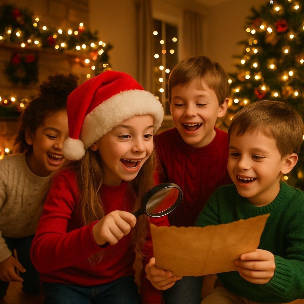 Enfants joyeux cherchant des indices de Noël dans un salon décoré de guirlandes lumineuses et sapin scintillant.