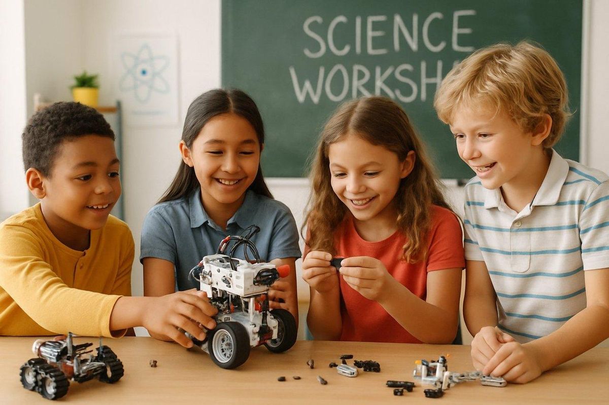 Enfants lors d’un atelier scientifique du Village des mini-chercheurs de l’ENS Paris-Saclay, s’initiant à la robotique et à l’analyse d’échantillons lors d’un atelier science workshop robotics.