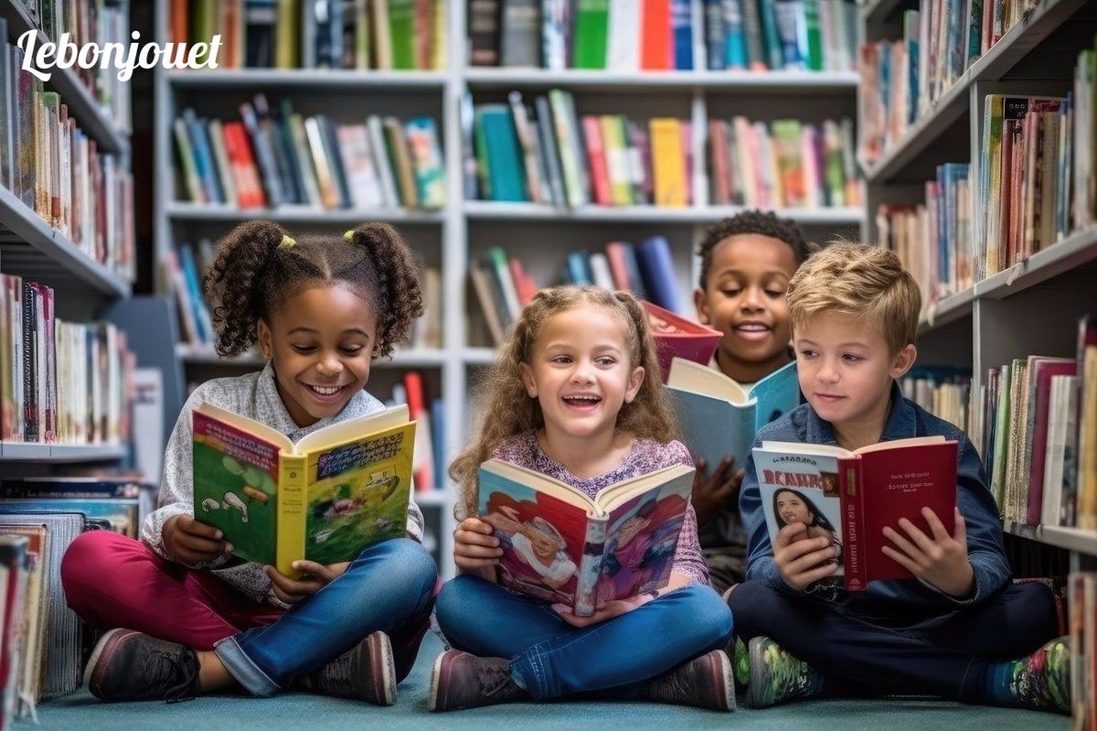 Enfants ravis plongés dans la lecture, cœur du club de livres junior.