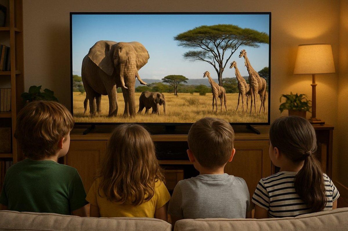 Enfants regardant un documentaire éducatif, entourés de dessins et maquettes en cours de réalisation.