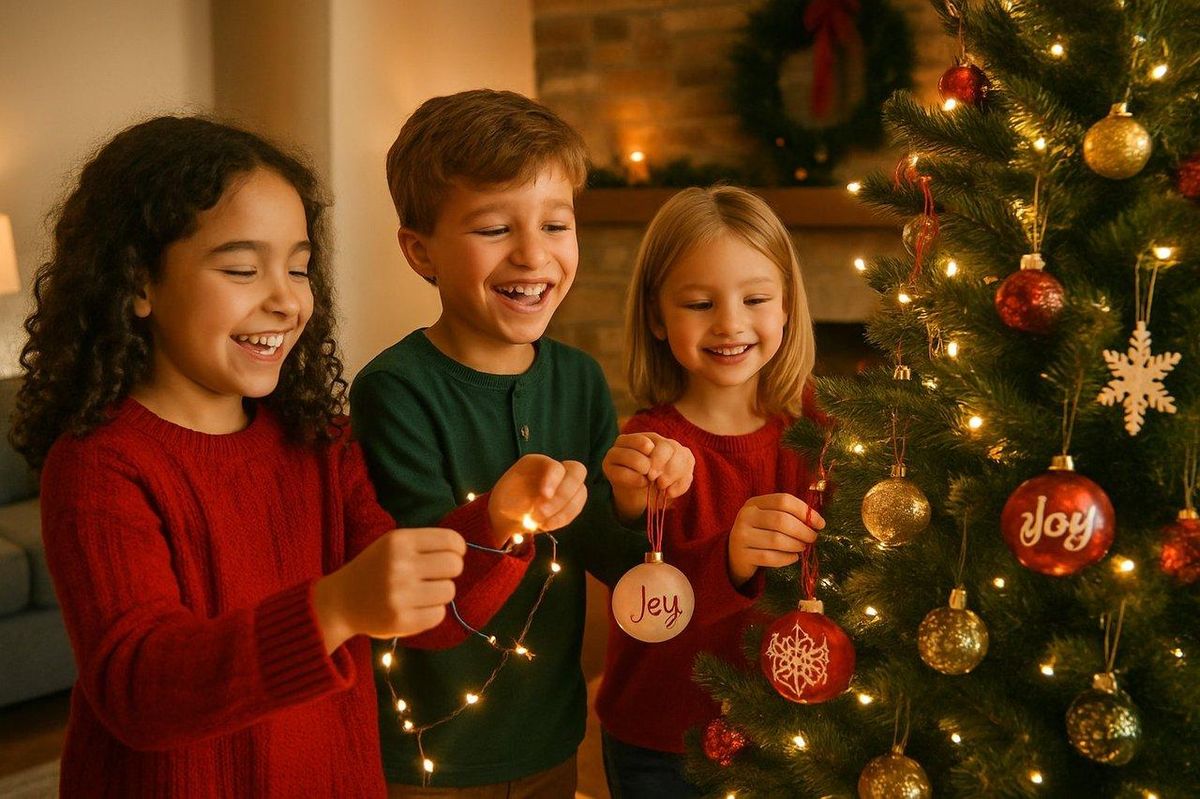 Enfants souriants décorant un sapin de Noël avec guirlandes lumineuses et ornements personnalisés dans un salon chaleureux.