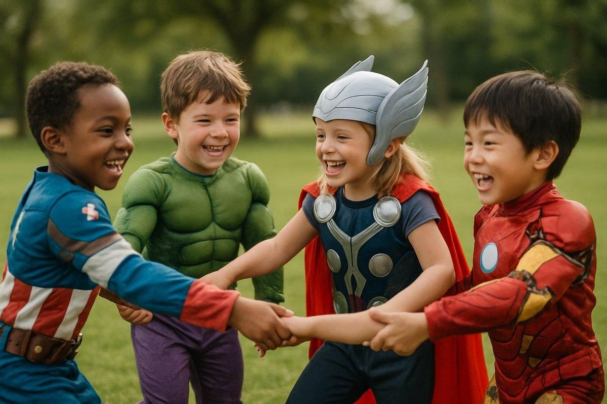 Enfants souriants en déguisements colorés d’Avengers collaborant lors d’un jeu collectif en plein air.