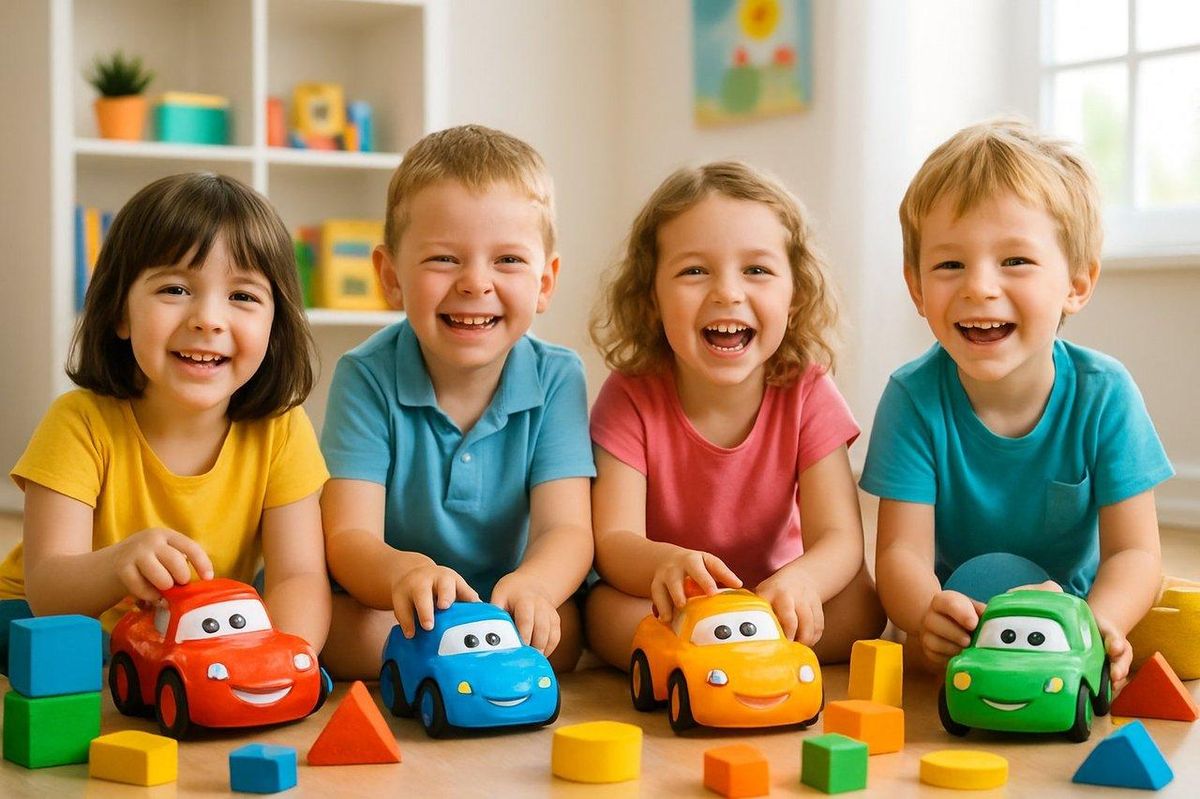 Enfants souriants jouant avec des jouets colorés Cars, formes géométriques variées dans une ambiance ludique.