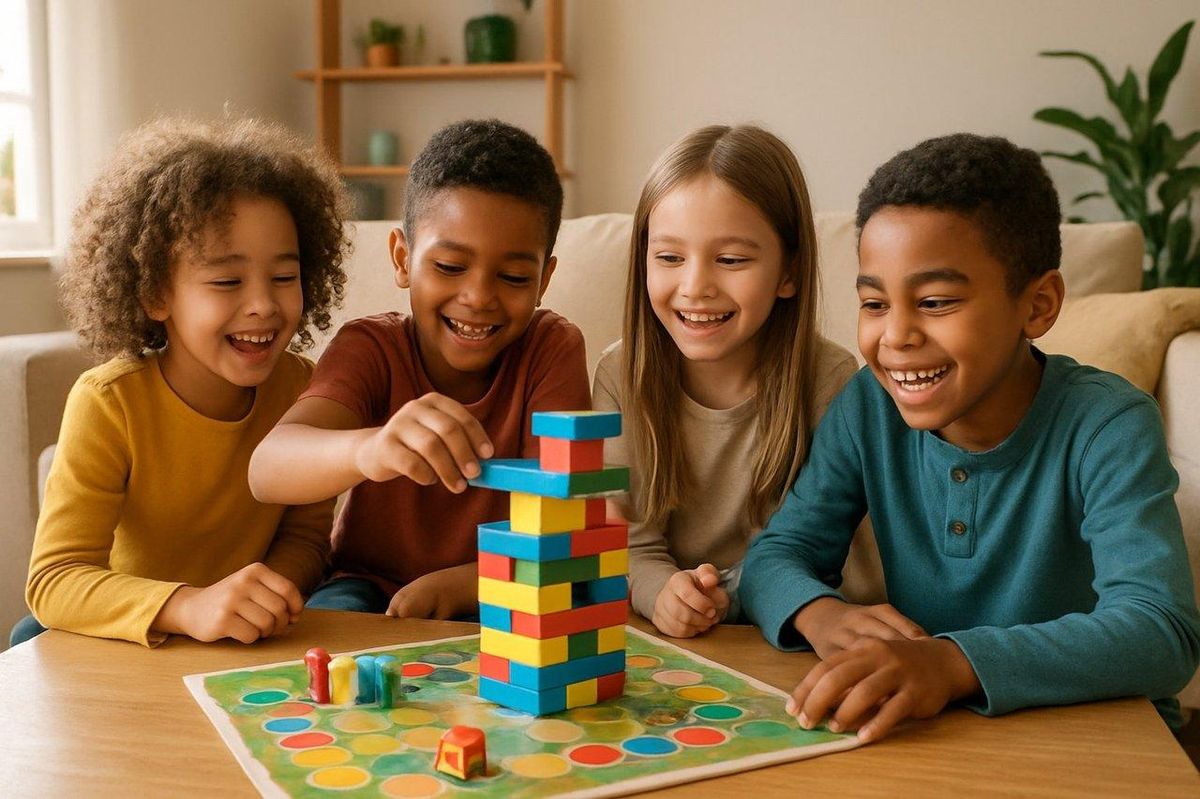 Enfants souriants jouant ensemble à un jeu de société coopératif et construisant avec des blocs colorés dans un salon lumineux et chaleureux.