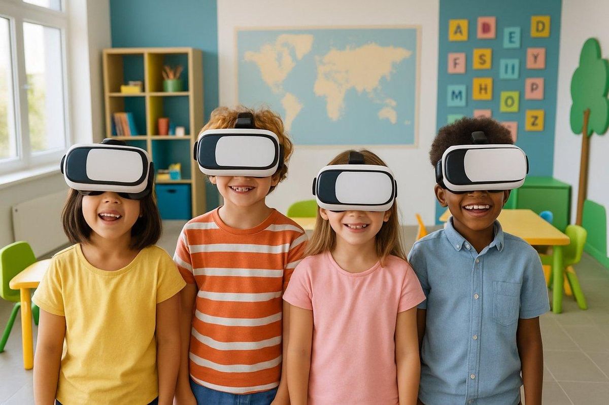 Enfants souriants utilisant des casques de réalité virtuelle dans un espace de jeux éducatifs moderne, lumineux et coloré.