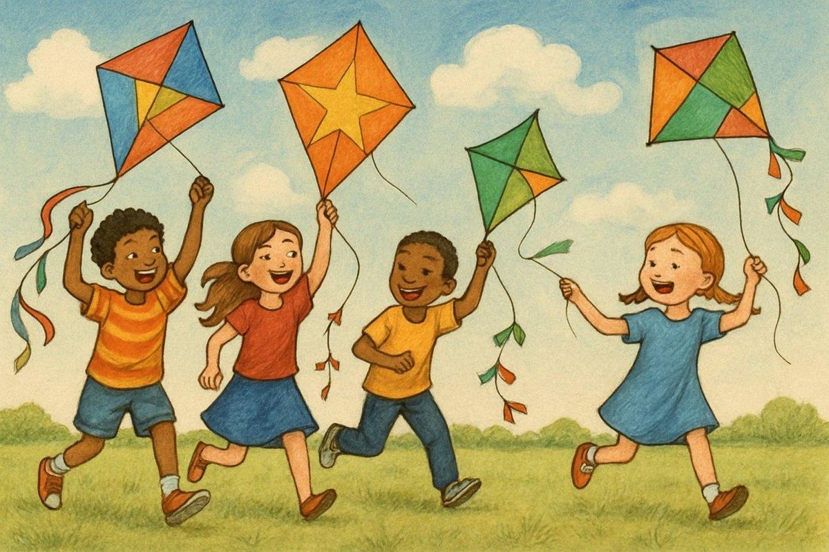 Enfants volant des cerfs-volants faits maison dans un jardin, une activité créative et ludique.