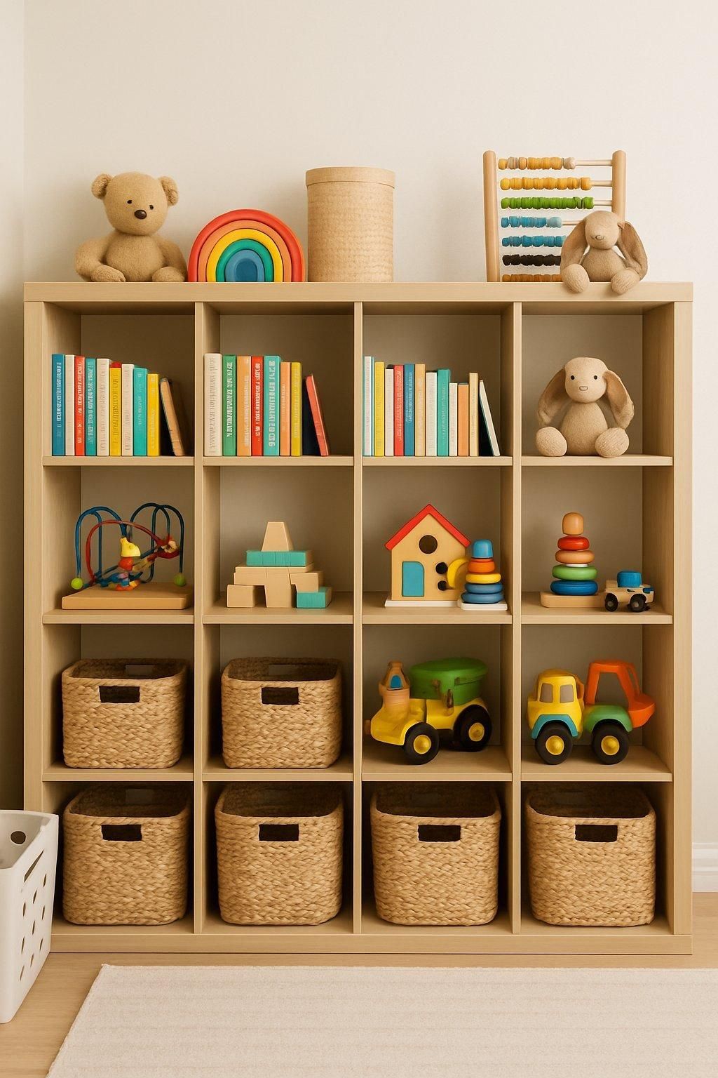 Espace de jeu bien organisé avec étagères murales et bacs transparents étiquetés pour une chambre d’enfant ordonnée.