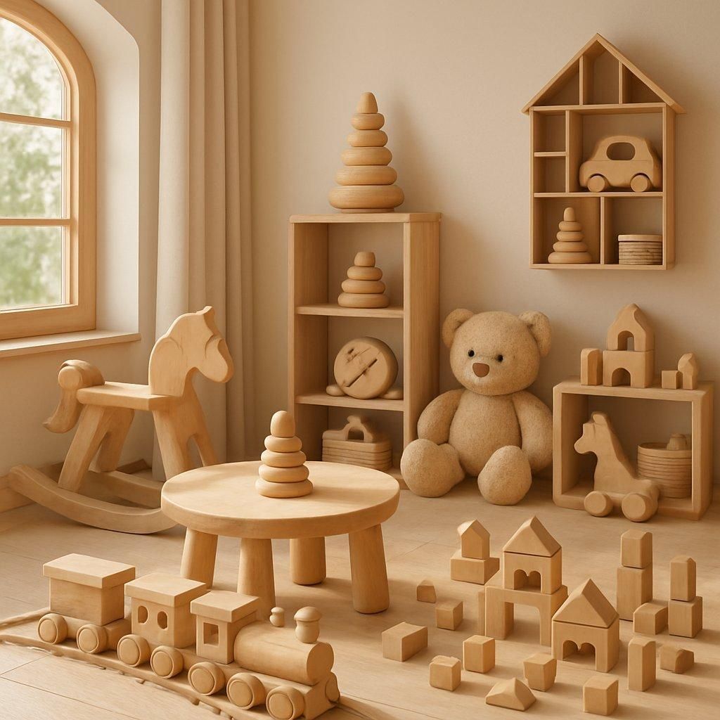 Espace de jeu en bois pour une petite fille, avec maison de poupées Janod, outils Brico’Kids et ukulélé Gioia dans une wooden toys playroom.
