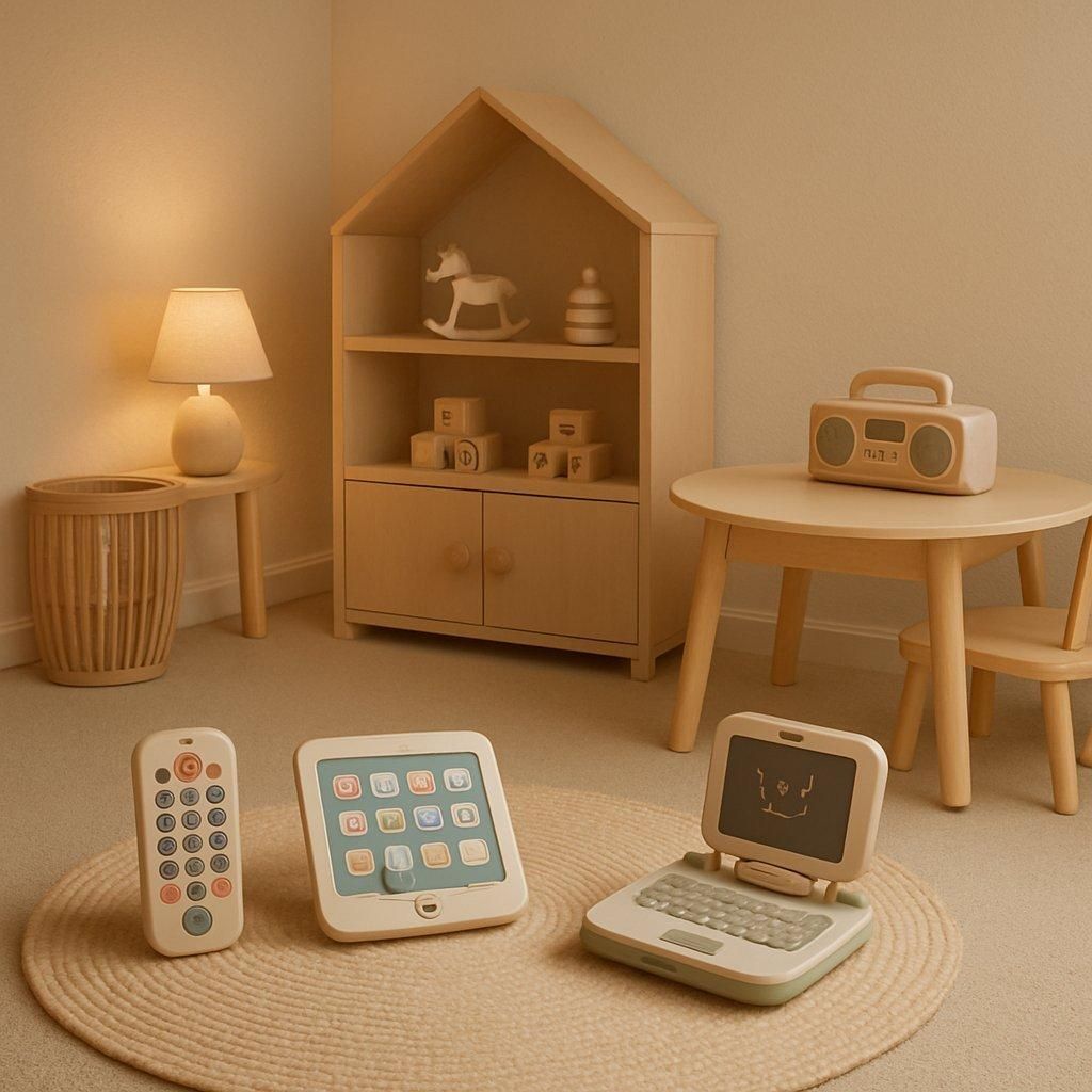 Espace de jeu épuré avec lumière tamisée, jouets électroniques simples, ambiance calme et chaleureuse.