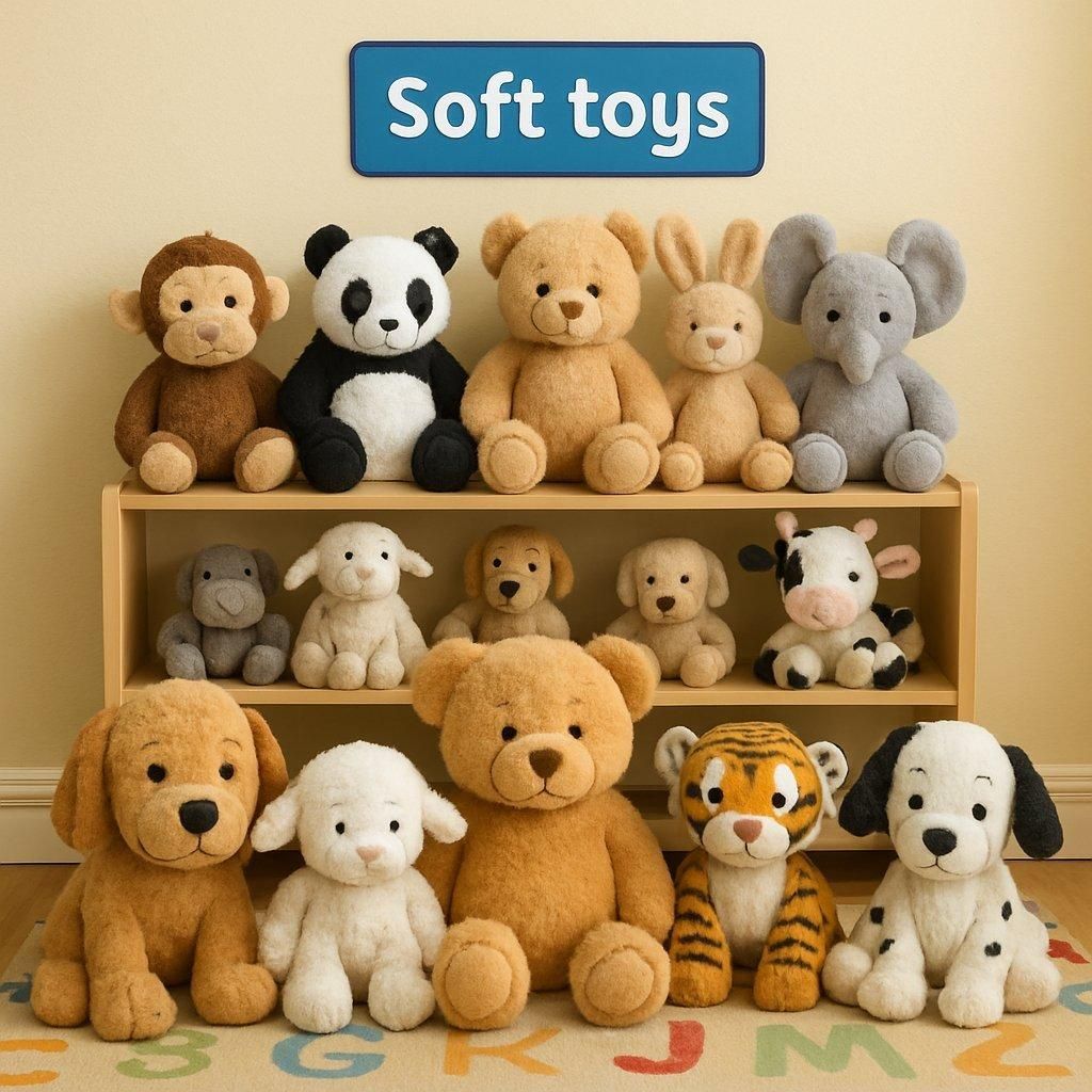 Espace rassurant pour enfants en maternelle avec des soft toys dans un coin calme de la classe.