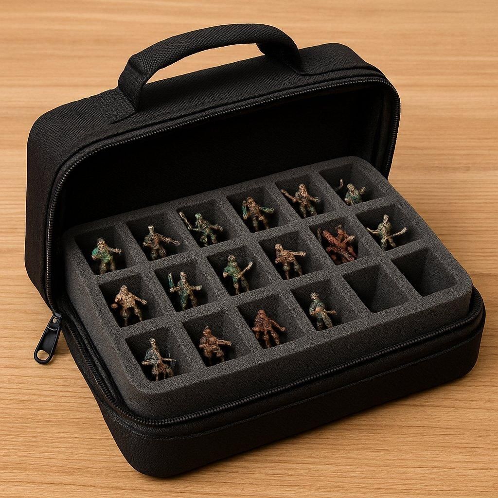 Étui de transport pour miniature figure avec compartiments et mousses protectrices, idéal pour la collection.