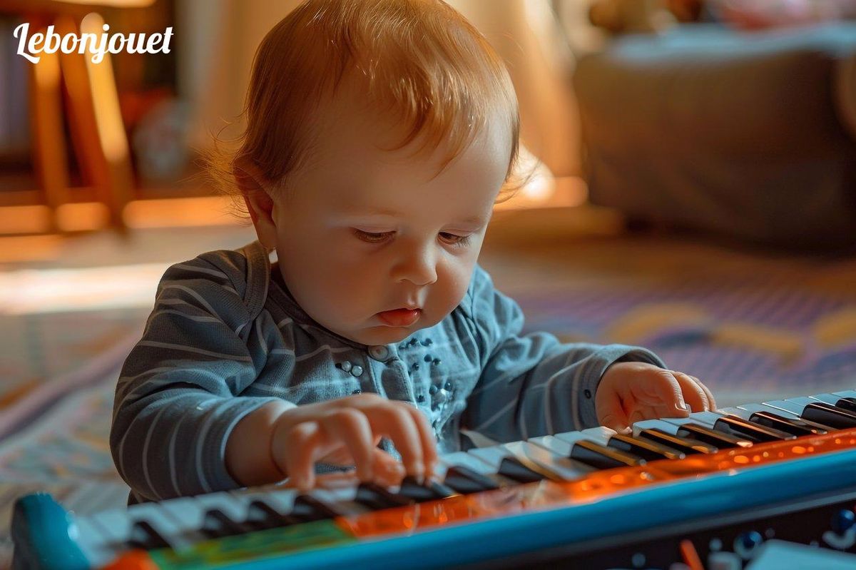 Éveil musical: un bébé explore un clavier, stimulant ses sens et son développement cognitif.