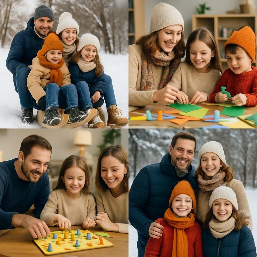 Famille joyeuse en hiver partageant des activités en plein air et en intérieur pour des vacances inoubliables.