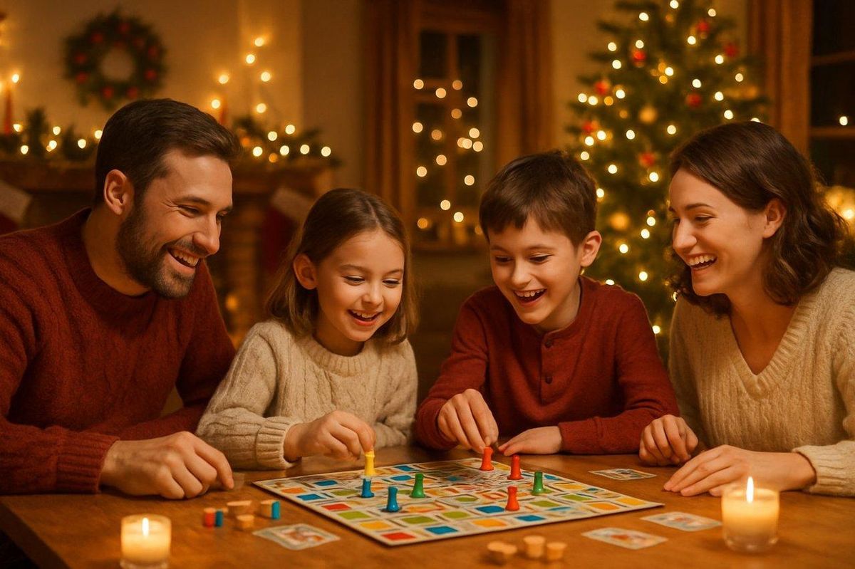 Famille réunie autour d’une table en bois pour une soirée jeux de société de Noël chaleureuse et conviviale.