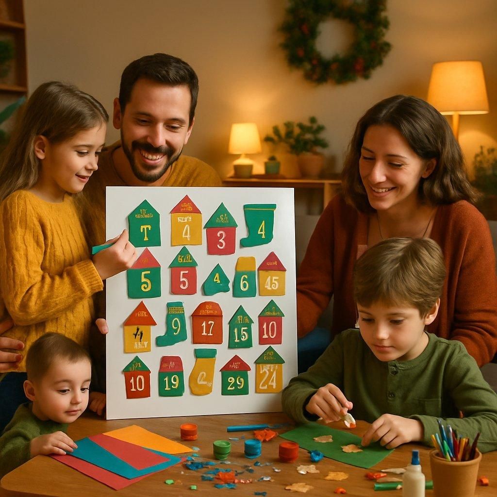 Famille réunie dans un salon chaleureux décorant un calendrier de l’Avent fait maison avec couleurs vives.