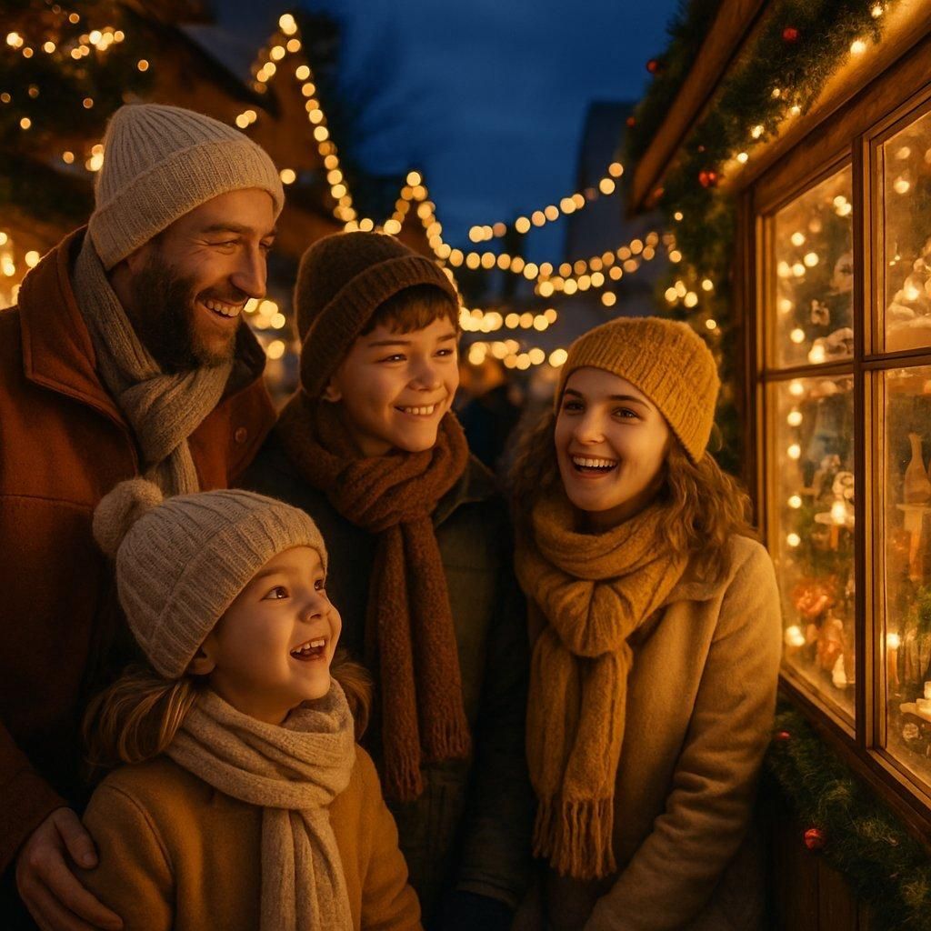 Famille souriante admirant les vitrines illuminées d’un marché de Noël traditionnel au crépuscule, ambiance chaleureuse et festive.