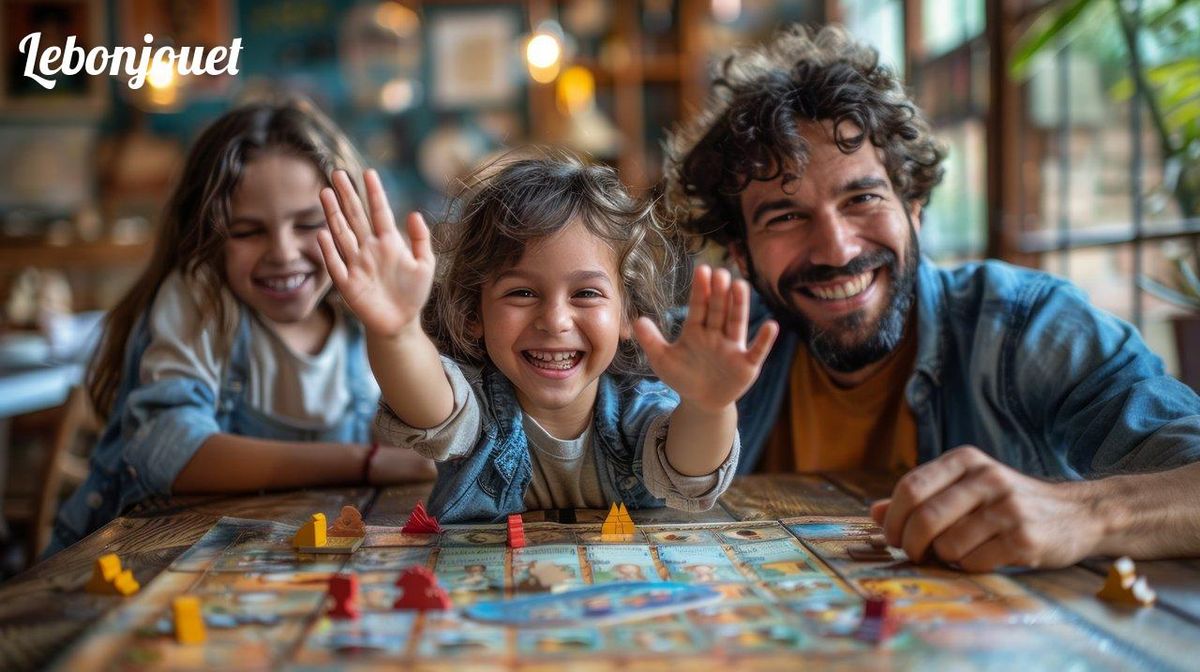 Famille souriante autour d'un jeu de société, parfaite pour l'ambiance de Monopoly GO en 2024.