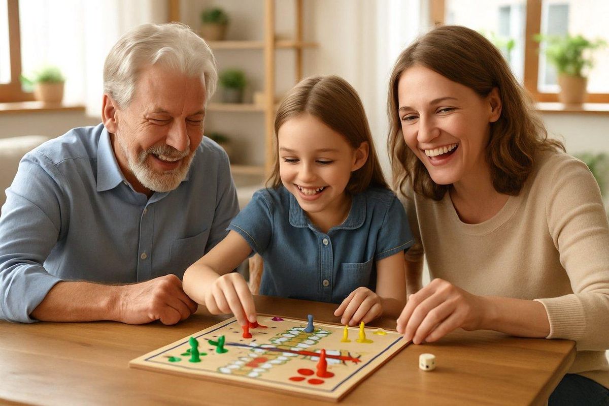 Famille souriante de trois générations jouant à un jeu de société traditionnel autour d’une table en bois chaleureuse.