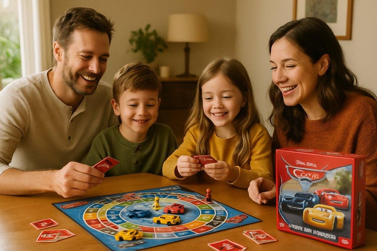 Famille souriante jouant à un jeu de société Cars, favorisant coopération et socialisation en ambiance chaleureuse.